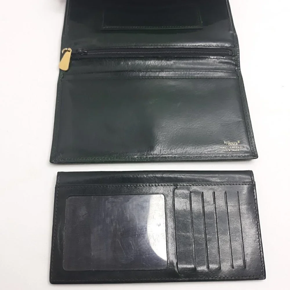 Vtg Bosca Hand Stained Hide Green Leather Kisslock Tri-fold Check Book Wallet